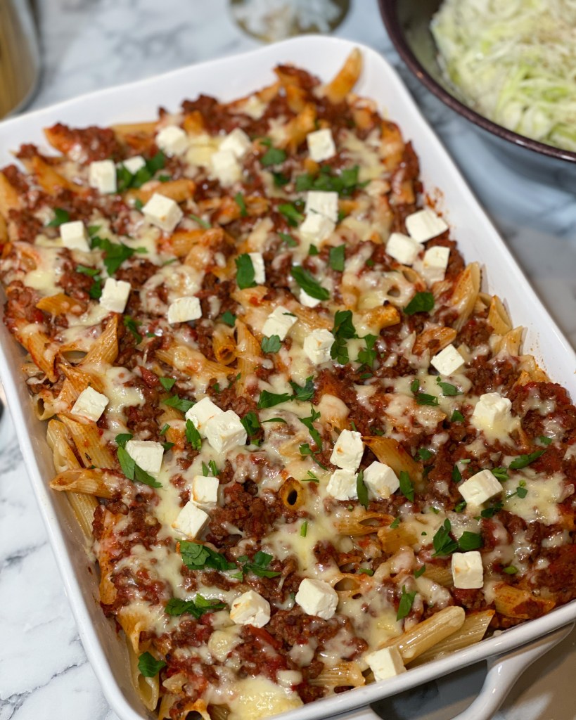 Köttfärssås- och pastagratäng