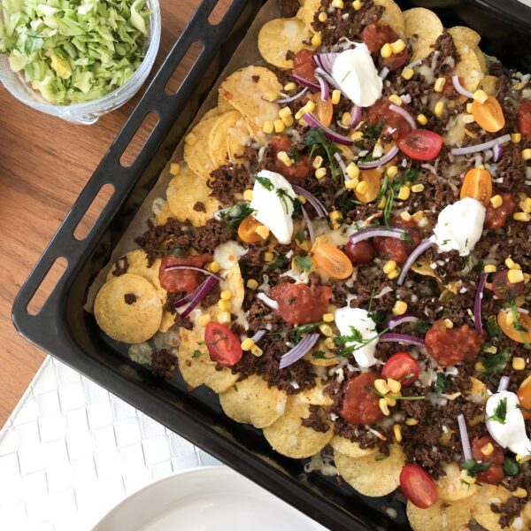 Nachos i ugn med köttfärs och god topping